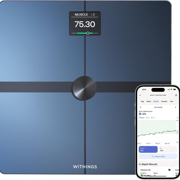 Withings Body Smart scale measuring body fat percentage and body composition metrics on a modern bathroom floor.