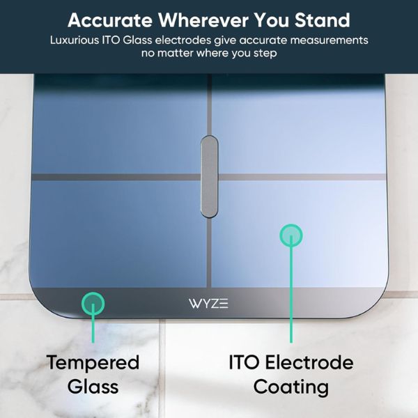 Wyze Scale X smart scale displaying body weight and body fat metrics with companion mobile app.