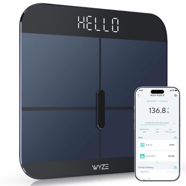 Wyze Scale X smart scale displaying body weight and body fat metrics with companion mobile app.