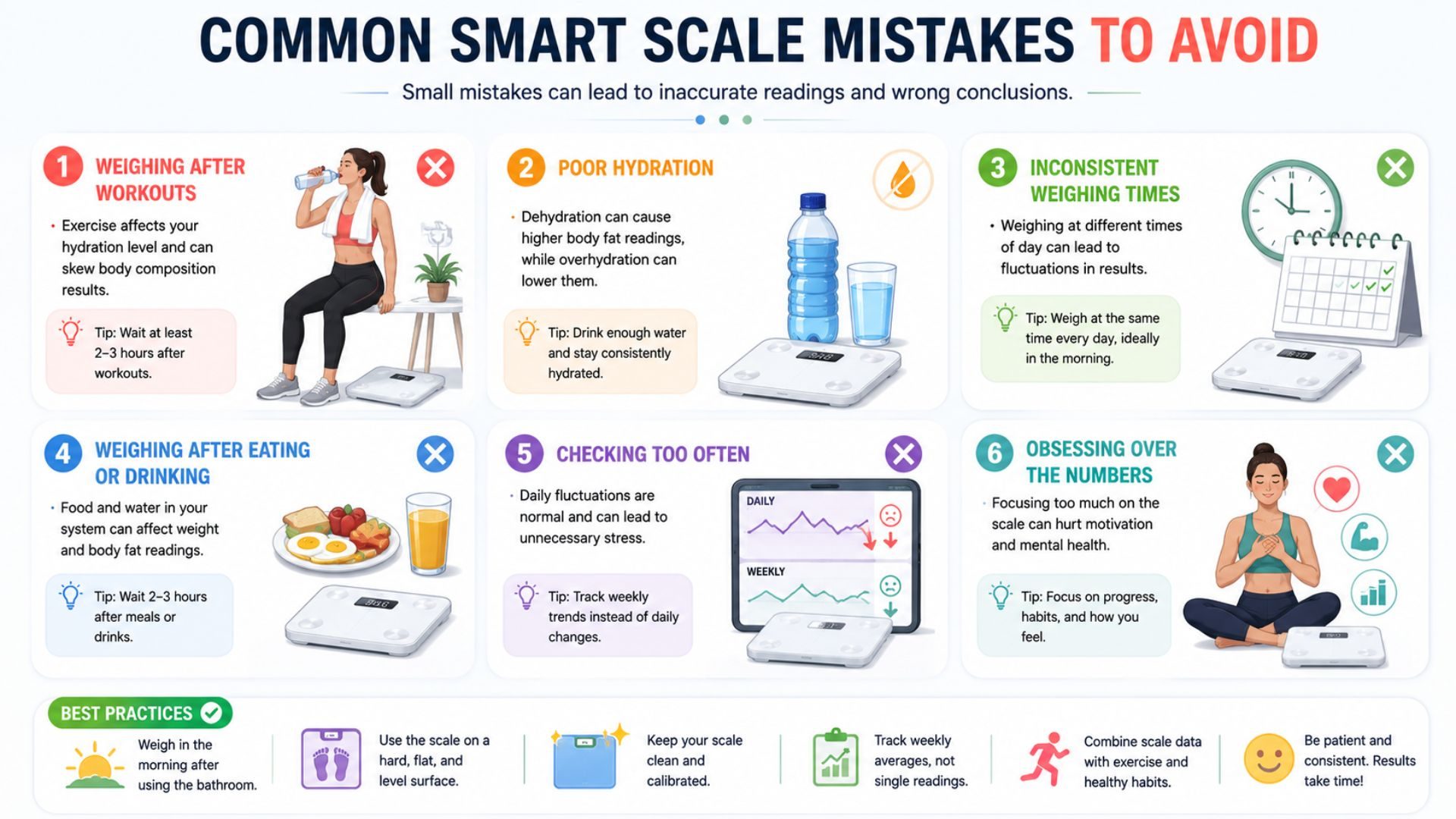 Infographic showing common smart scale mistakes including poor hydration, inconsistent weighing times, weighing after workouts, and focusing on daily weight changes.
