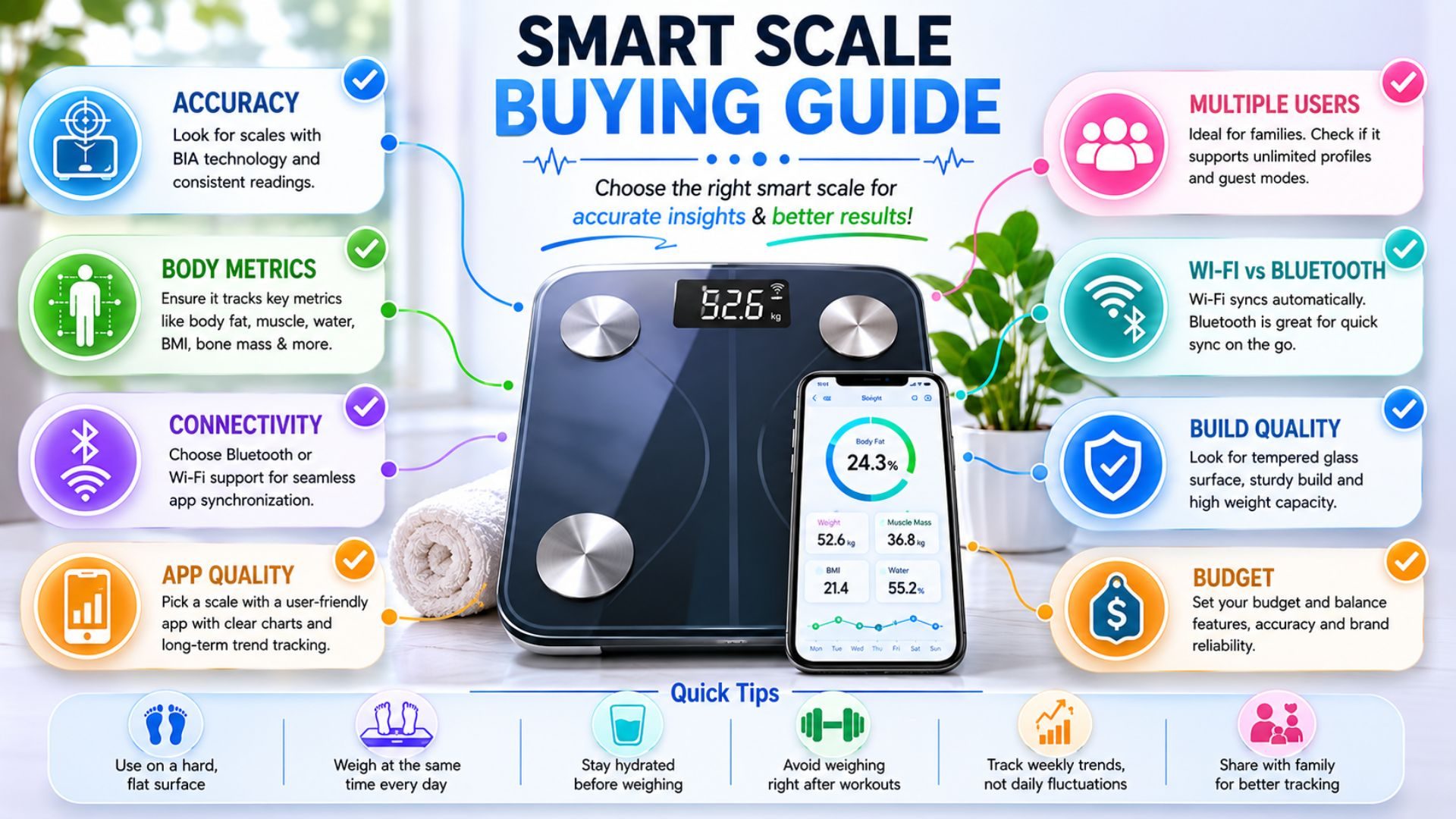 Smart scale buying guide infographic showing important features such as accuracy, body composition metrics, connectivity, app quality, and budget considerations.